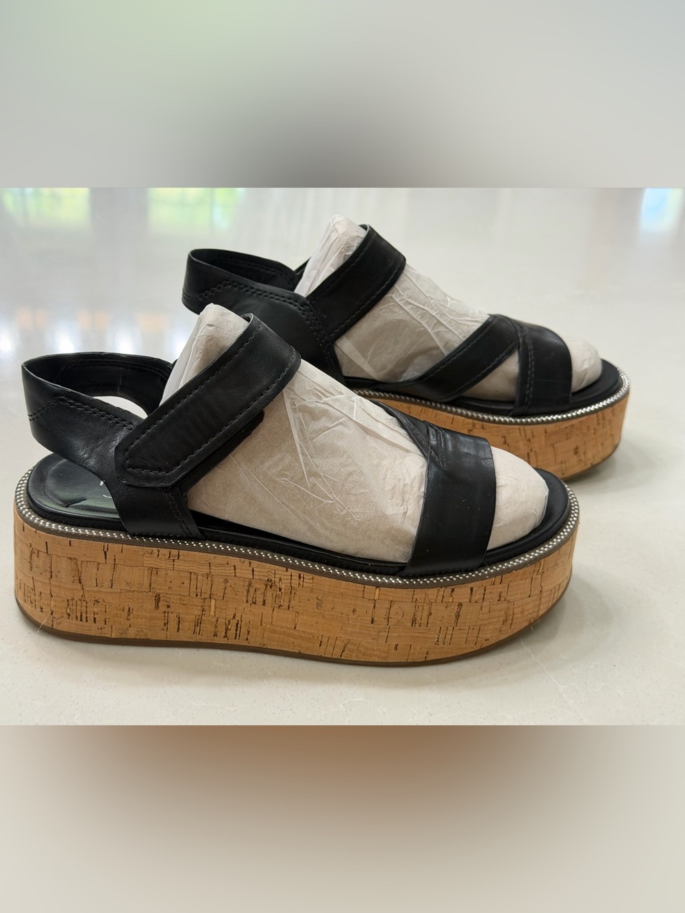 Franco Sarto Ozio Black Cork Platform Wedge Sandals Studded 8M Boho